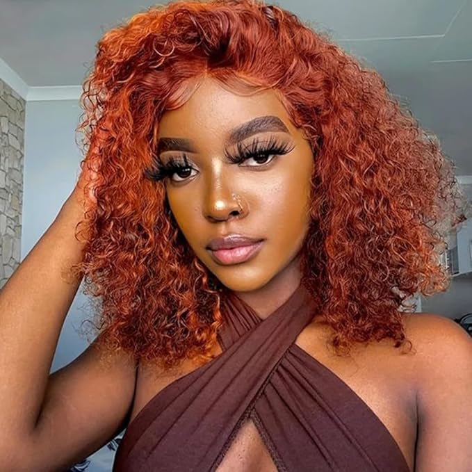 GOLFMAX Ginger Water Wave Bob Wig Human Hair Transparent HD 13x4 Lace Front Human Hair Wig 10 Inch Short Bob Wig Glueless Wigs Human Hair Pre Plucked With Baby Hair