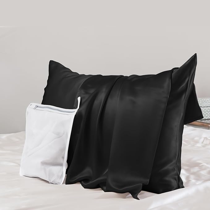 PROMEED Upgraded Grade 6A+ Black Silk Pillowcase with Zipper, 23 Momme Natural Mulberry Silk Pillow Cases for Hair and Skin - Easy Care with Free Laundry Bag (Queen 20"x30", Black)