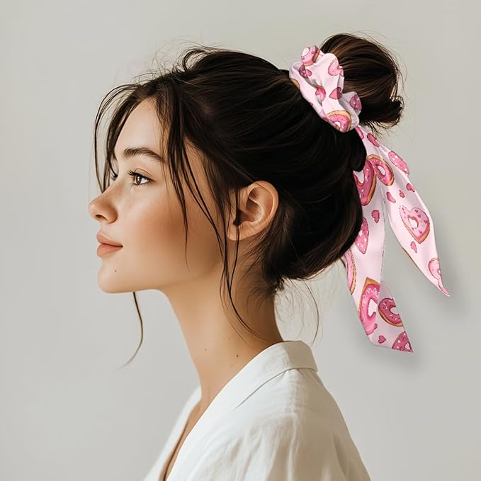 Heart Dessert Elastic Ribbon Bow Hair Ties 2 Piece Pink Black Knotted Bow Hair Scrunchies Chic Hair Scarf Valentine's Day Ribbon Scrunchies