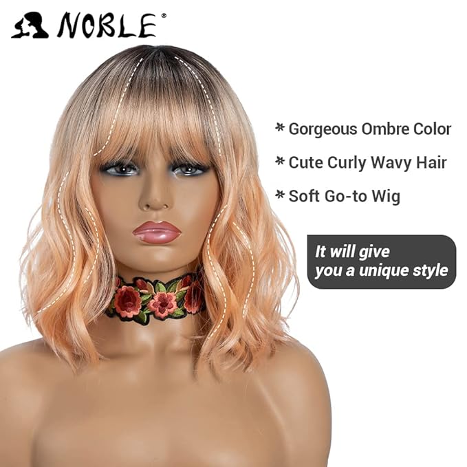 NOBLE Pink Orange Wig for Women Peach Wig with Bangs Ombre Bob Curly Wigs with Air Bangs Synthetic Short Wavy Wigs with Bangs Heat Resistant Synthetic Daily Party Cosplay Costume Wigs