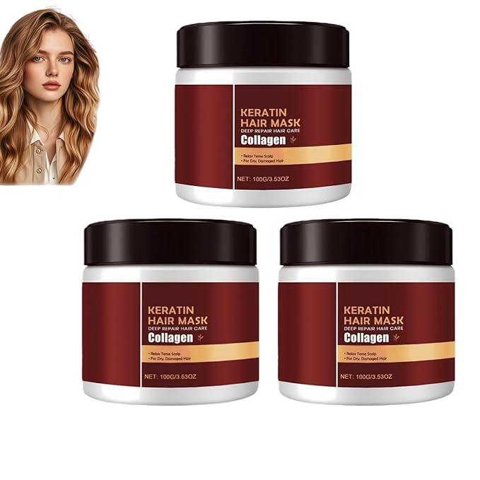 Keratin & Collagen Hair Mask for Dry Damaged Hair - Deep Repair Treatment with Hydrolyzed Keratin, Frizz Control & Split Ends Repair, Moisturizing Hair Care, 3.53 oz (3, pcs)
