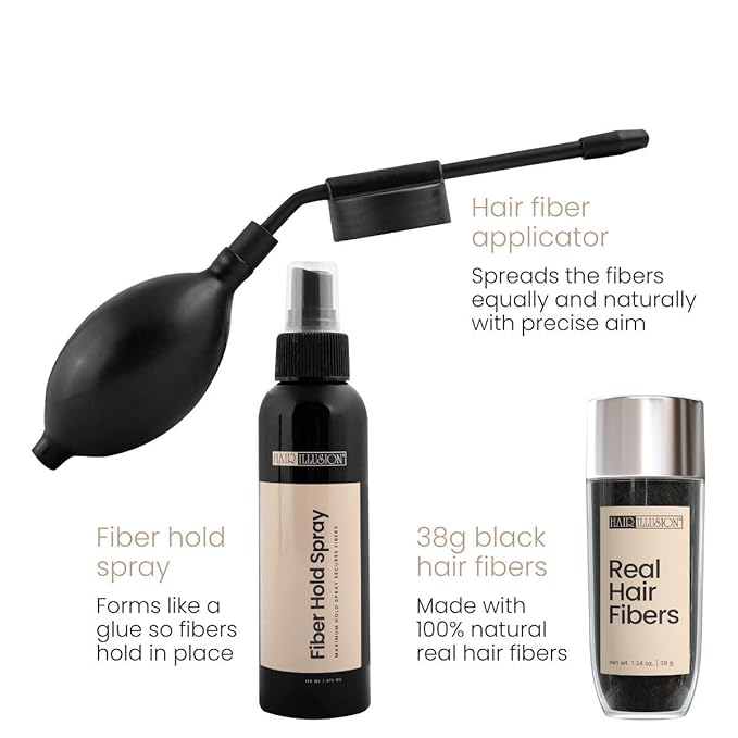 Hair Illusion Combo Kit - Hold Spray, 38g Hair Fiber Bottle, Applicator & Hairline Optimizer (Jet Black)