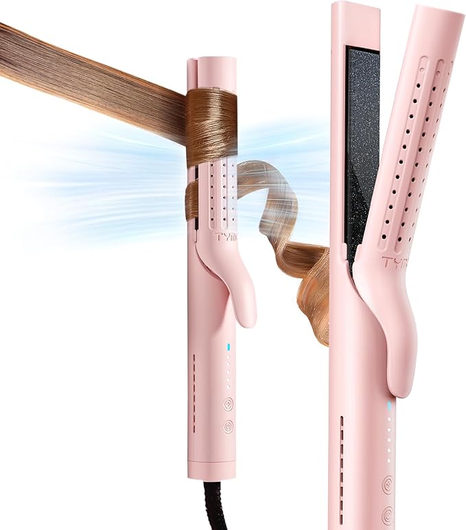 TYMO Airflow Curling Iron for Lasting Curls - Flat Iron Hair Straightener and Curler 2 in 1, Anti-Scald Ionic Curling Wand 1.25 Inch, 360° Cool Air, 5 Temps & Dual Voltage for Long Short Hair, Pink