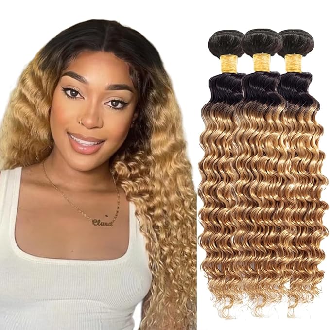 30 32 34 Inch Ombre Blonde Bundles Human Hair 1b27 Deep Wave Bundles Brazilian Virgin Soft and Silky Remy Hair Extensions 2 Tone Black and Honey Blonde Deep Wave Bundle 150g