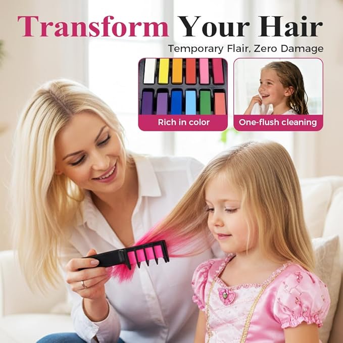 Festive Fun Hair Chalk Combs, 2026 New Chalk Hair Color for Girls, Temporary Wash out Hair Color Kids, Christmas Girl Gifts, Skin Safe Materials (8 colors)