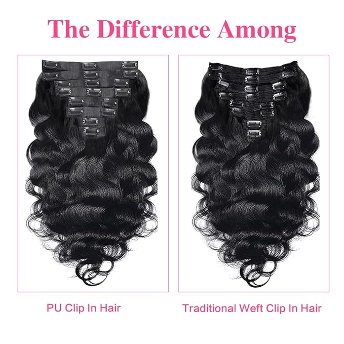 Seamless Clip Ins For Women Real Human Hair Invisible PU Weft Body Wave Clip In Hair Extensions Human Hair 8pcs with 18Clips Per Set 120g(22inch,Natural Black)