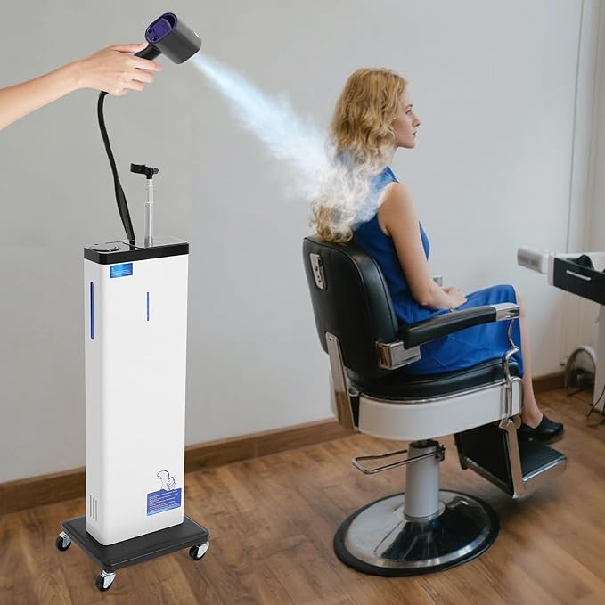 Nano Mist Hair Steamer, 9 Settings Adjustable Hair Salon Steamer, Professional Nano Mist Salon Hair Processor with 360°Swivel Wheels, 1300W Nanoscale Spray for Hair Care Hair Repair (White)
