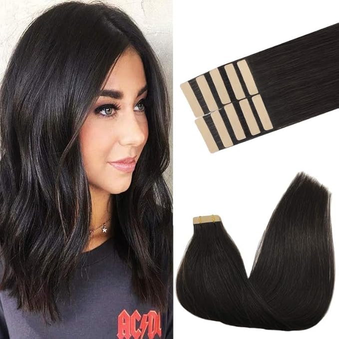 GOO GOO Tape in Hair Extensions Human Hair, 1B Natural black, 22inch 30g 10pcs, Skin Weft Seamless Invisible, Silky Straight with Thick Ends, Remy Human Hair