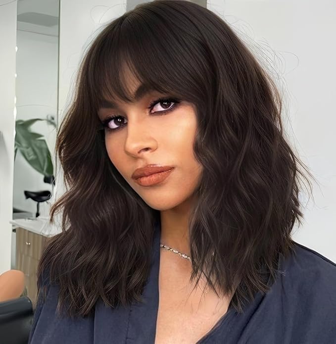 AISI HAIR Natural Brown Synthetic Curly Wavy Bob Wig with Bangs for Women, 21-23 Inches