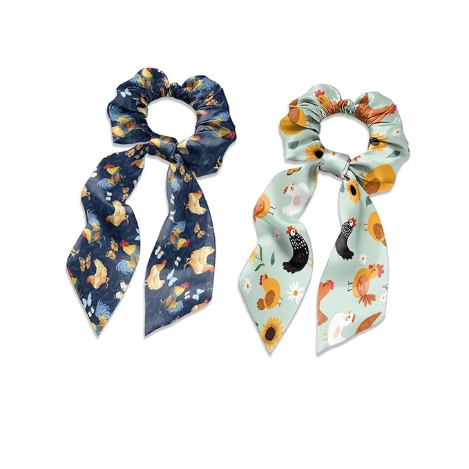 Rooster Scrunchies Hair Ties for Women Blue Green Pack of 2 Knotted Bow Hair Scrunchies Elastic Hair Scarf Red Ribbon Accessoey