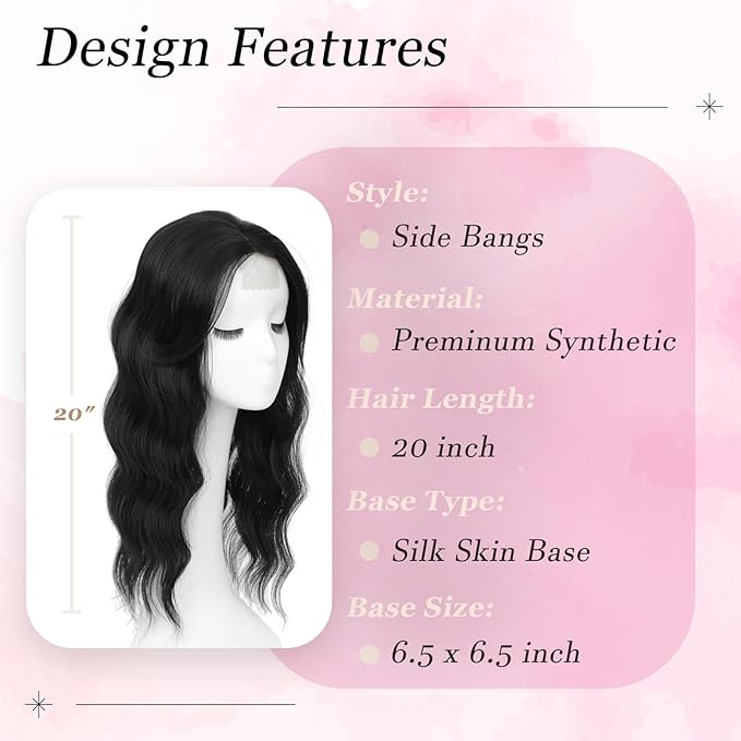 Hair Topper, 360° 3D Hair Toppers for Women with Thinning Crown, 20 Inch Long Wavy Curly Hair Pieces Clip in Bangs (Black, 20 inch, Side Bangs)