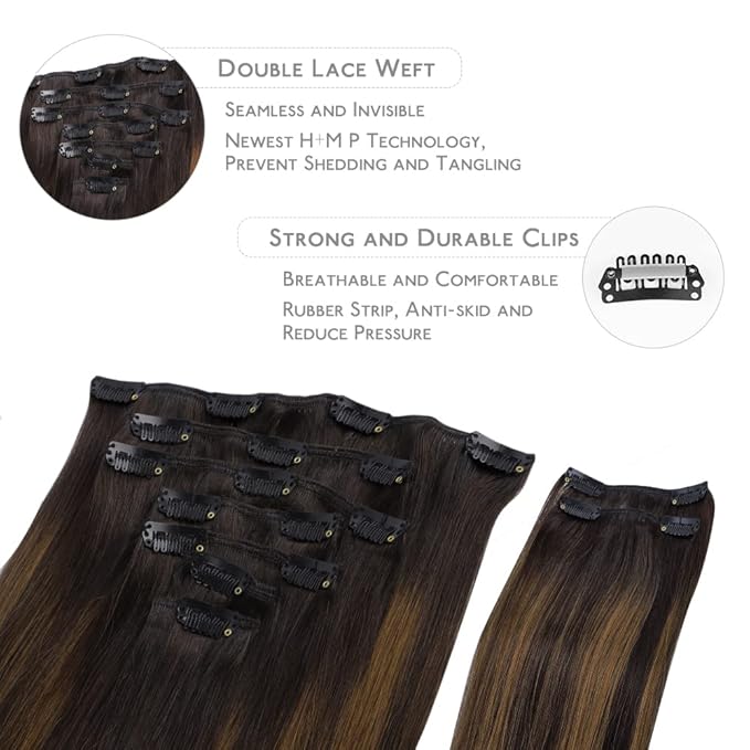 WENNALIFE Clip in Hair Extensions, 150g 24 Inch 9pcs Balayage Dark Brown to Chestnut Brown Remy Hair Thicker Double Weft Extensiones De Cabello Humano Con Clip Ins Straight Full Volume