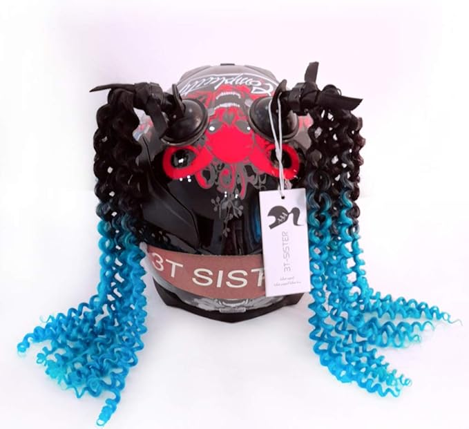 Helmet Pigtails Gradient Ramp Helmet Curly Ponytail Helmet Hair with Suction Cup for Motor Bike 2PCS Ombre Black to Deep Blue (Helmet not Included)