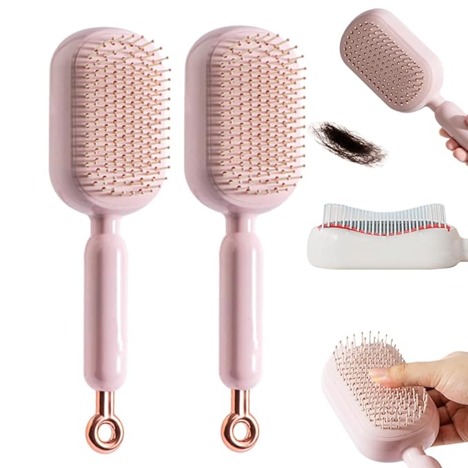 Retractable Cushion Massage Comb, 2026 New Self Cleaning Hair Brush, Anti Static Self Cleaning Hair Brush for Women Men (Pink#2Pcs)