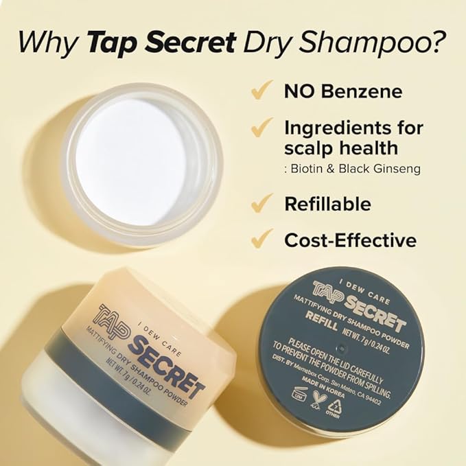 I DEW CARE Biotin Clarifying Dry Shampoo - Tap Secret Original Trio Set | Strengthening & Volumizing, Powder Type, Refillable, Non-aerosol, Brunette, Korean Ginseng, Stocking Stuffers, 0.26 Oz * 3ea