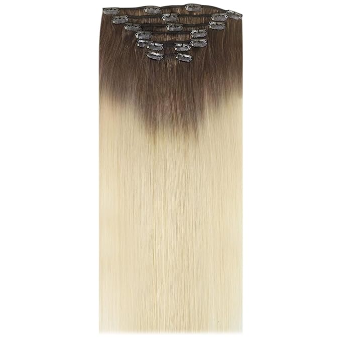 Full Shine Ombre Clip in Blonde Human Hair Extensions 16 Inch Straight Hair Clip in Extensions Dark Brown to Bleach Blonde 120 Grams 16 Inch