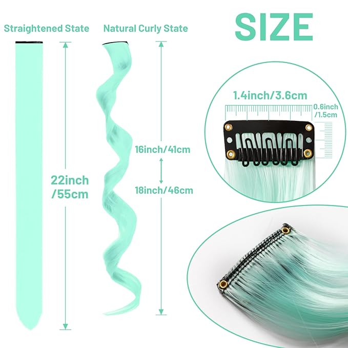 16 Pcs Mint Green Hair Extensions Curly Wavy Clip in Synthetic Hair Extensions,Colorful Party Highlights Hairpiece Streak for Girls Women Kids Cosplay Party Christmas Gift(Light Green)