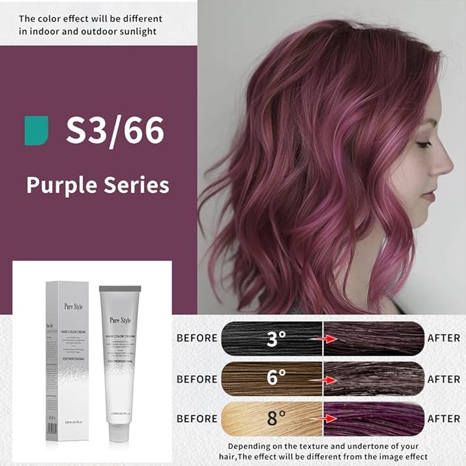 PureStyle 100g Professional Permanent Hair Color Dye Cream Ammonia Free, Long Lasting Deep Purple Color, Natural Shine, For All Hair Types Easy At Home Application (S3/66 Deep Purple)