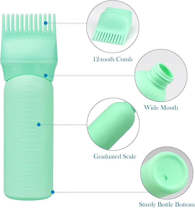 Cosywell 3 Pack Hair Oil Applicator Bottle 6 Ounce Root Comb Applicator Bottle Hair Dye Applicator Brush for Hair Root Comb Color with Graduated Scale(Black Blue Green)