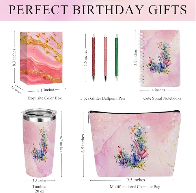 Personalized Gifts Monogrammed Birthday Gifts for Women, Maid of Honor Bachelorette Wedding Christmas Initial 20 oz Tumbler, Makeup Bag Cup Pens Journal Notebook 6 Set, (Aesthetic Pink Flower J)