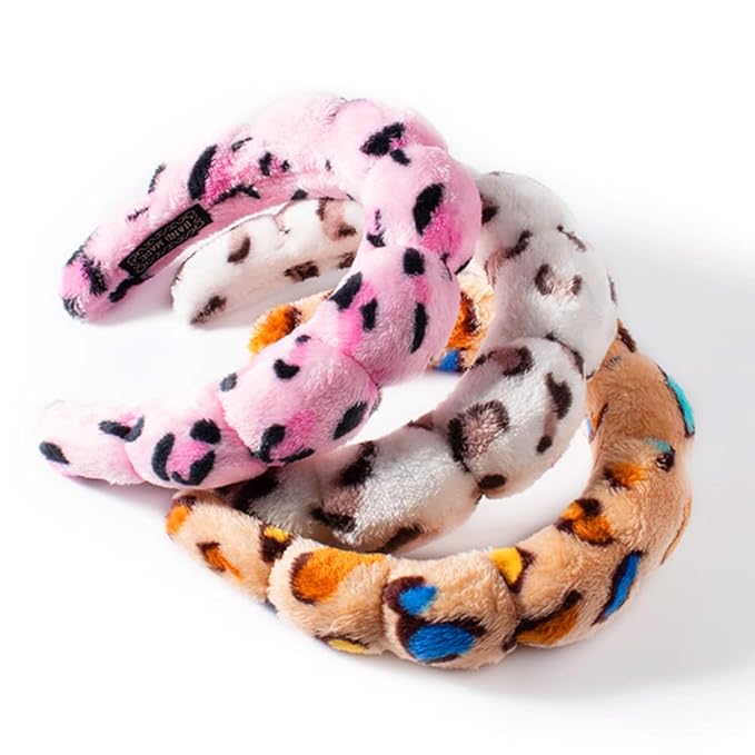 Spa Headbands for Washing Face or Makeup, Sponge Bubble Skincare Headbands, Puffy Terry Cloth Hairband for Women, Skin Care Makeup Headwear Hair Accessories for Girls(Leopard White)