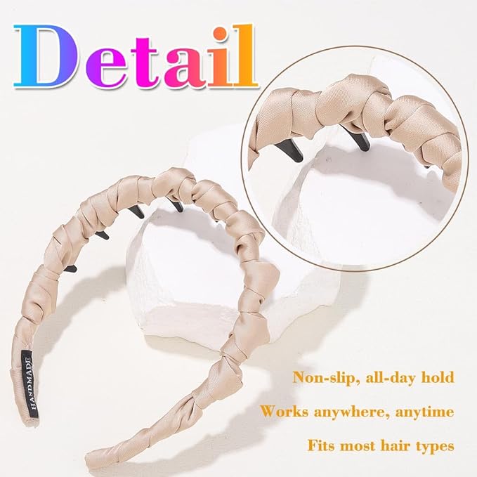 Non Slip Headbands with Teeth, Pleated Polyester Comb Hair Bands for Women, 2 Pack (Brown, Beige)