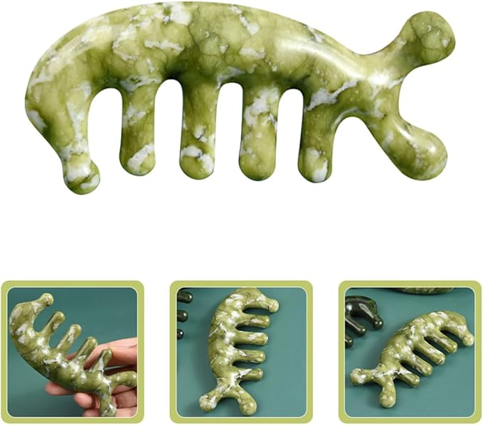 TIDTALEO Jade Craft Massage Comb Tool 3D Fish-Shaped Scalp Massager with Gua Sha Function Light Green Jade for Head, Body, and Facial Acupressure Relaxation