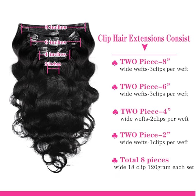 Body Wave Brazilian Clip in Hair Extensions Human Hair 8Pcs Remy Hair Extensions Clip ins for Black Women with 18Clips 120g (18inch, Natural Black)