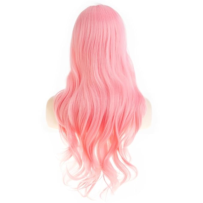 Baruisi Long Curly Wavy Pink Wigs for Women Side Part Natural Looking Cosplay Synthetic Heat Resistant Replacement Wig