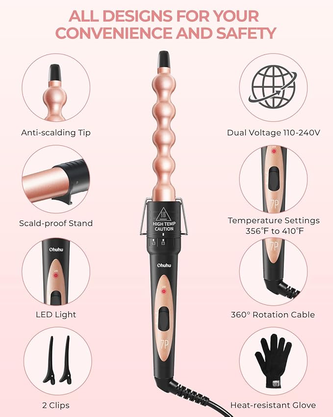 7 in 1 Curling Wand Set: Ohuhu Curling Iron Wand 7Pcs 0.35 to 1.25 Inch Interchangeable Ceramic Barrel Heat Protective Glove 2 Clips Dual Voltage Hair Curler Girl Women Mother Christmas Gift Rose Gold