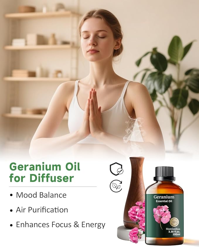 Pure Geranium Essential Oil, Mumianhua Natural Floral Oil for Bedroom Serenity & Garden Freshness, Aromatherapy for Evening Relaxation, Outdoor Ambiance, Reed Diffuser, Skin & Hair Care, 3.38 Fl Oz