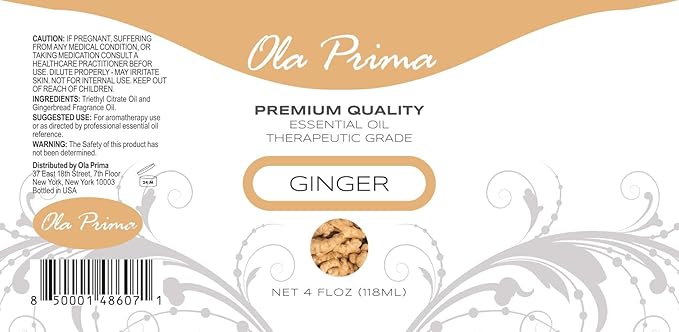 Ola Prima Ginger Essential Oil Therapeutic Grade for Aromatherapy, Diffuser, Lymphatic Massage, Hair, Skin – 4 fl oz Dropper