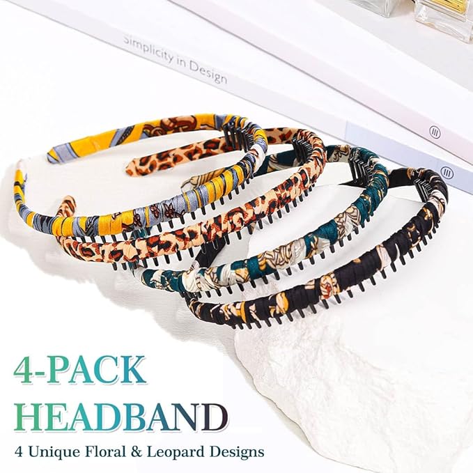 Non-Slip Headbands with Teeth, Polyester Floral and Leopard Hair Bands for Women, 4-Pack