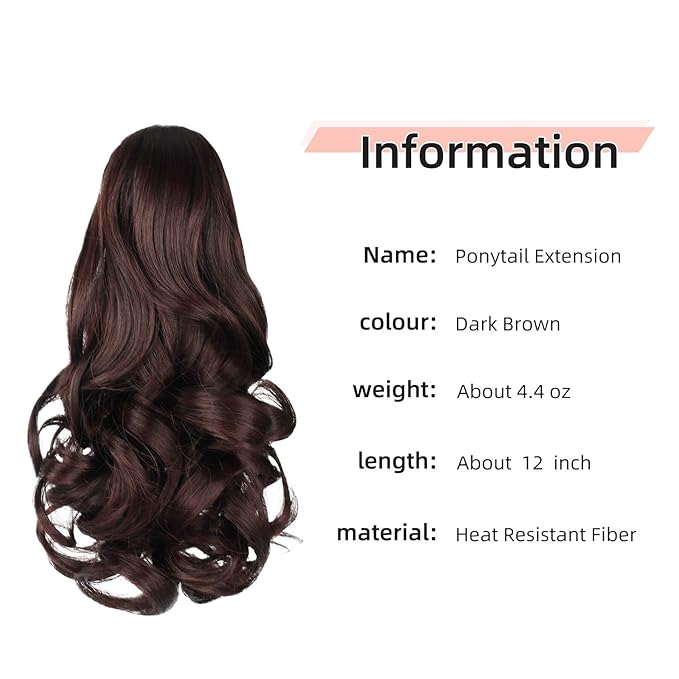 Ponytail Extension, Clip on Ponytails for Women, 12" Claw Clip in Short Curly Wavy Pony Hair Extension for Women - Brunette