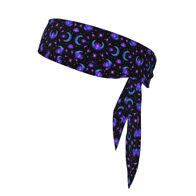 Boys Girls Sports Sweatbands, Boho Style Long Hair Band for Running Travel Spa, Lovely Trippy Purple Goth Moon Crystals Black Sky Headdress Hair Decor