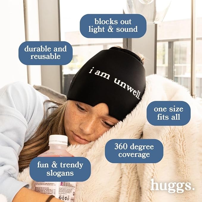 Huggs Migraine Relief Cap - Everything Hurts - Cooling Gel Head Wrap, Cold Compress Cap for Headache, Stress, & Tension