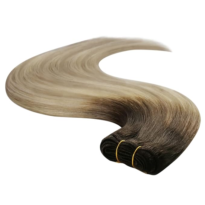 YoungSee 100G Sew in Hair Extensions Real Human Hair Ombre Blonde Weft Hair Extensions Brown Roots to Golden Blonde Mix Platinum Blond Weft Extensions for Short Hair 14Inch