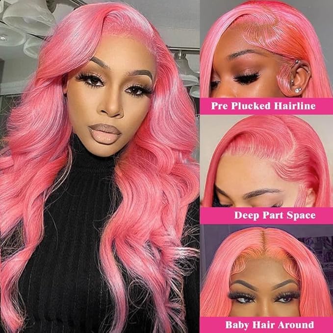 Long Hot Pink Wig Human Hair 13x4 200 Density Hd Transparent Body Wave 12A Pink Lace Front Wig For Women Pink Frontal Wigs Colored Hd Lace Wig 26 Inch