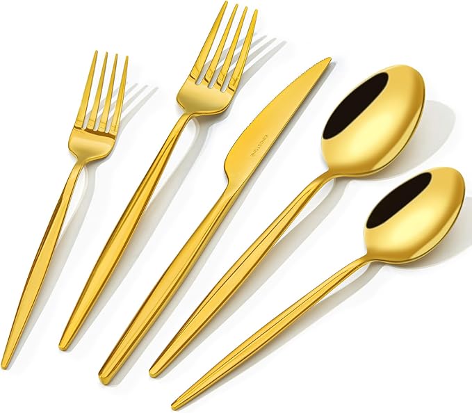 KINGSTONE Silverware Set, 60-Piece Flatware Set Cutlery Set Premium 18/10 Stainless Steel, Tableware Include Forks Knives Spoons for Home Kitchen Restaurant Wedding, Dishwasher Safe,Gold