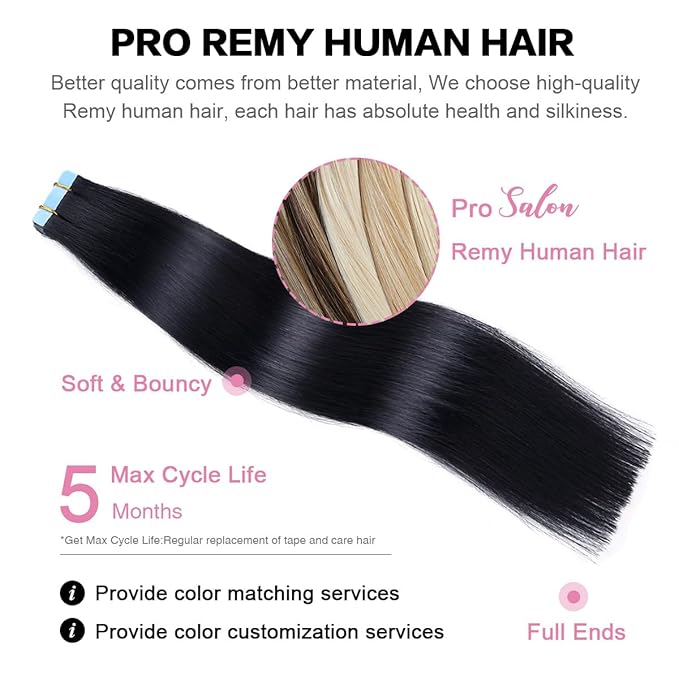 SUYYA Tape in Hair Extensions Human Hair 18 inches 50g/pack 20pcs Straight Seamless Skin Weft Jet Black Tape Hair Extensions (18 inches #1 Jet Black)