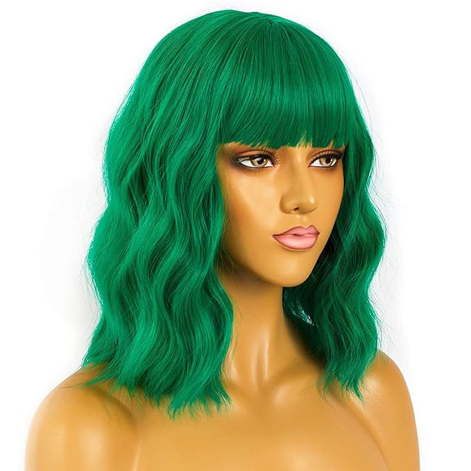LANICE Green Wig for Women Short Bob Wigs with Bangs Natural Synthetic Wig Shoulder Length Colorful Wigs for Daily PartyUse(12inch,Green)