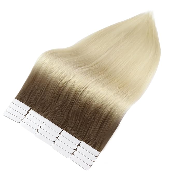 Full Shine Blonde Tape in Hair Extensions Human Hair 20 Inch Invisible Tape ins Human Hair Extensions Color Ash Brown Fading To Platinum Blonde Balayage Seamless Skin Weft 50 Gram 20 Pcs for Party