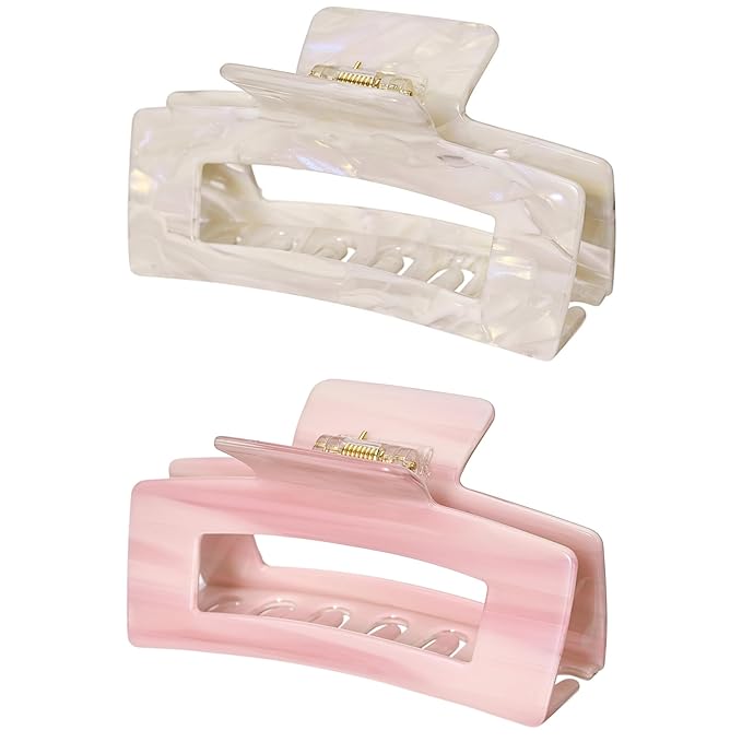 Cellulose Acetate Hair Clips, Textention Acetate Claw Clips Large Rectangle Cutout Tortoise Shell Celluloid Banana Jaw Clamp Fashion Styling Accessories for Women Ladies Thin Thick Curly Hair (2 Pack)
