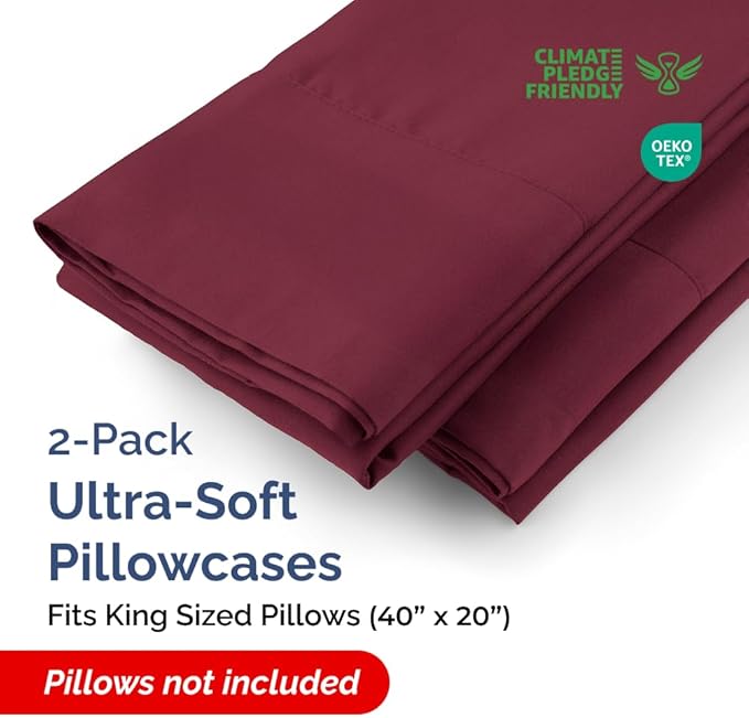 King Pillow Cases - 2 Pack - Super Soft Pillowcase Covers - Envelope Enclosure - Hotel Quality Pillow Protectors - Wrinkle Free, Shrink and Stain Resistant - Machine Washable - 20" x 40" (Burgundy)