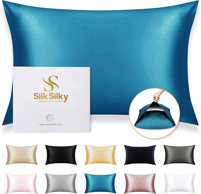 SilkSilky 100% Mulberry Silk Pillowcase - Pure 22 Momme High-Grade 6A Fibers for Hair & Skin, Envelope Closure, Natural, Organic, Breathable & Cooling Pillow Case (King, Teal)