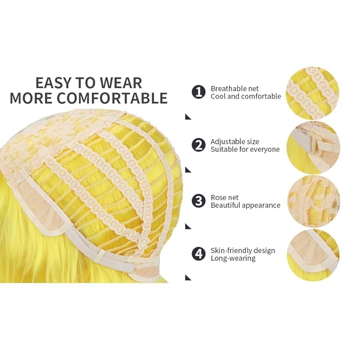 BERON 14 Inches Yellow Wig Wig for Women Girls Short Curly Yellow Wigs with Bangs Hairnet Include