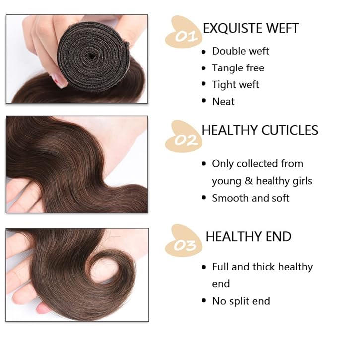 30 Inch Brown Bundles Human Hair Color 4 Body Wave Bundles Niegmeag Brazilian Virgin Soft and Silky Remy Hair Extensions Dark Brown Body Wave Bundle 100g