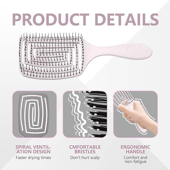Detangling Brush, Dry and Wet Vented Detangler Hair Brush for Women and Men, Professional Paddle Curved Styling Hairbrush, Beige