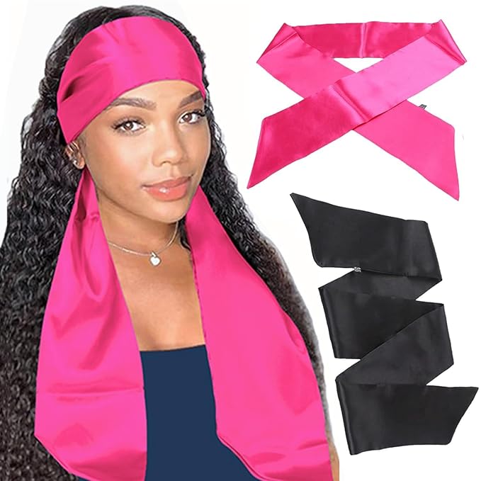 XTREND 2Pcs Satin Edge Scarves for Wig 58 Inch Women's Laying Scarf for Lace Wig Non Slip Hair Wrap Wigs Grip Band for Yoga, Makeup, Facial, Sport (1pc Pink#+1pc Black#)