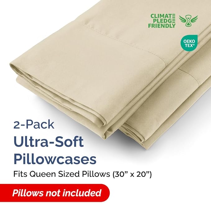 Queen Pillow Cases - 2 Pack - Super Soft Pillowcase Covers - Envelope Enclosure - Hotel Quality Pillow Protectors - Wrinkle Free, Fade, Shrink & Stain Resistant - Machine Washable - 20" x 30" (Cream)